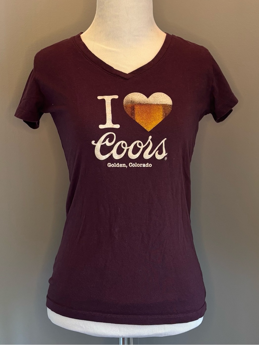 Next Level Apparel Women's V-Neck Tee in Plum with Gold Heart Graphic